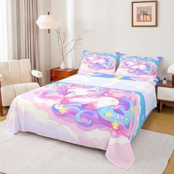 Manfei Colorful Cute Unicorn Twin Sheet Sets,Magic Animal Twin Fitted Sheet,Pink Blue Purple Flat Sheet For Girls Kids,Ultra Soft Home Decor,3pcs