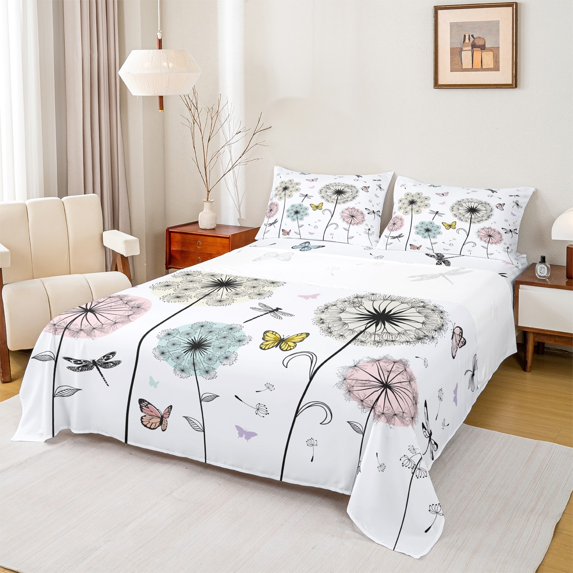 Manfei Colorful Dandelion Twin Bed Sets,Wild Butterflies Dragonfly Fitted Sheets,Natural Animal Flat Sheet For Girl,Luxury Bedroom Decor,3pcs