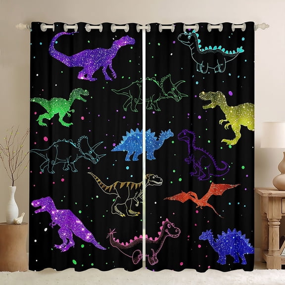 Manfei Colorful Dino Black Out Curtains,Multicolor Circle Dots Curtains Pack of 2 (42x63 Each),Multicolor Glitter Print Bedroom Curtains For Boys,Breathable Home Decor