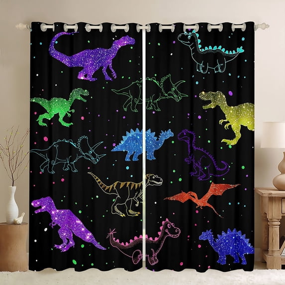 Manfei Colorful Dino Curtains Pack of 2 (42x84 Each),Multicolor Circle Dots Curtains Blackout,Multicolor Glitter Print Bedroom Curtains For Boys,Breathable Home Decor