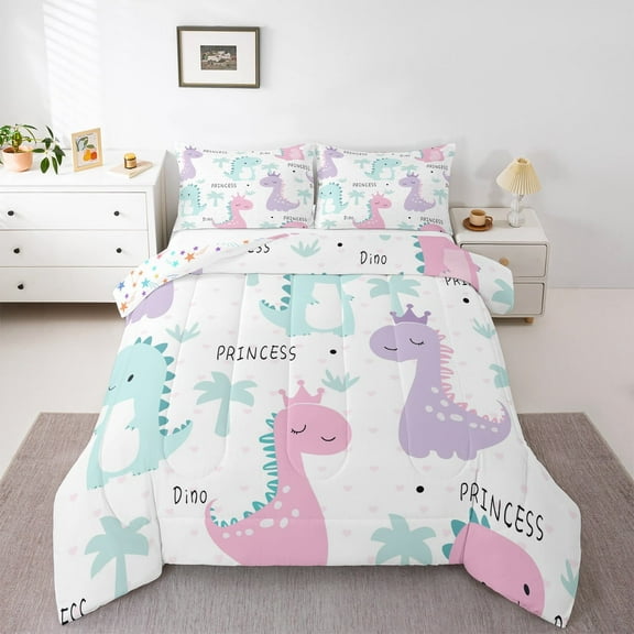 Manfei Colorful Dinosaur Bedding Comforter Set,Cartoon Animal Twin Comforter Sets,Princess Dino Bedding Set For Girl Boys,Ultra Soft Home Decor Reversible,2-Piece
