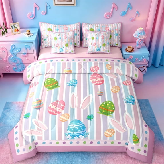 Manfei Colorful Dinosaur Eggs 7pcs Bedding Comforter Set,Modern Geometric Stripe Queen Bedding Sets,Rainbow Polka Dots Queen Sheet Sets For Girls Kids,Breathable Home Decor Reversible