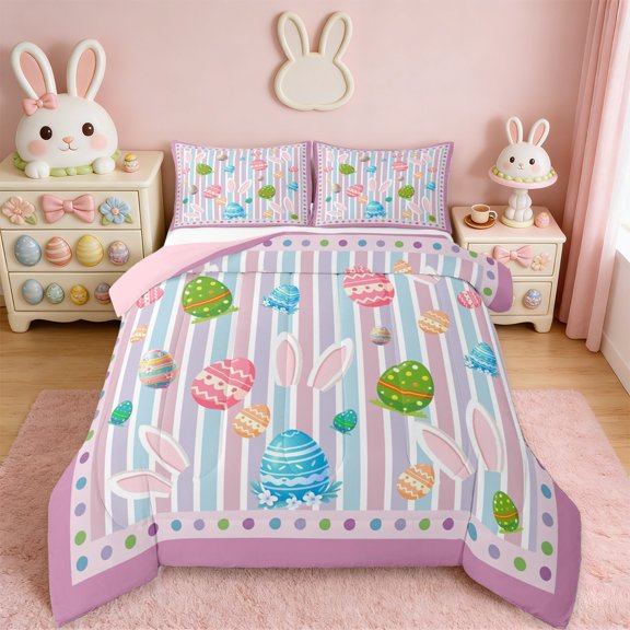 Manfei Colorful Dinosaur Eggs Bedding Comforter Set,Modern Geometric Stripe Twin Comforter Sets,Rainbow Polka Dots Bedding Set For Girls Kids,Breathable Home Decor Reversible,2-Piece