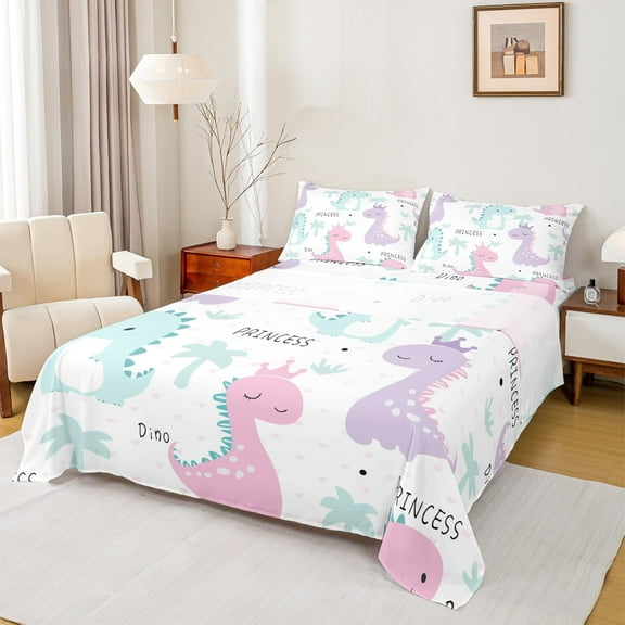 Manfei Colorful Dinosaur Full Size Sheets,Cartoon Animal Bed Sheets,Princess Dino Sheet Sets For Girl Boys,Ultra Soft Home Decor,4 Pieces