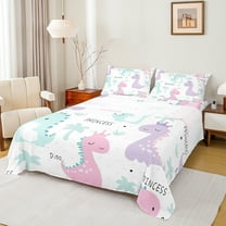 Manfei Colorful Dinosaur Twin Sheet Sets,Cartoon Animal Twin Fitted Sheet,Princess Dino Flat Sheet For Girl Boys,Ultra Soft Home Decor,3-Piece