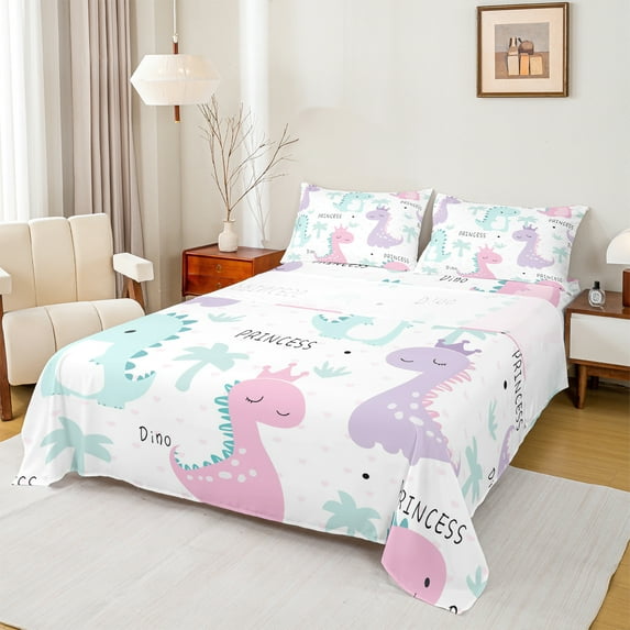 Manfei Colorful Dinosaur Twin Sheet Sets,Cartoon Animal Twin Fitted Sheet,Princess Dino Flat Sheet For Girl Boys,Ultra Soft Home Decor,3-Piece