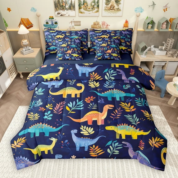 Manfei Colorful dinosaur 7 Pieces Bedding Comforter Set,Rustic Plant Leaves Full Bedding Set,Deepblue Yellow Orange Fitted Sheet Flat Sheet For Boys Kids,Breathable Home Decor Reversible