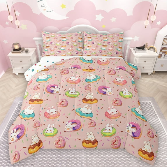 Manfei Colorful Doughnut Queen Comforter Set,Sweet Dessert Bedding Sets,Cute Cartoon Rabbit Bedding Comforter Set For Teens,Ultra Soft Home Decor Reversible,3 Pieces