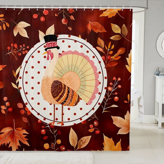 Manfei Colorful Fall Leaf Pattern Shower Curtain 72Wx72L,Thanksgiving Turkey Print Bathroom Curtain