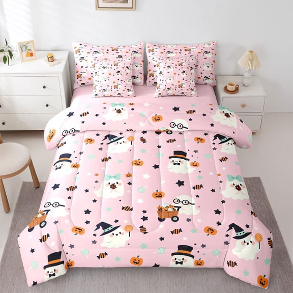 Manfei Colorful Floral 7 Pieces Full Size Bedding Sets,Happy Halloween Ghost Full Size Bed in a Bag,Pink,Pink Reversible