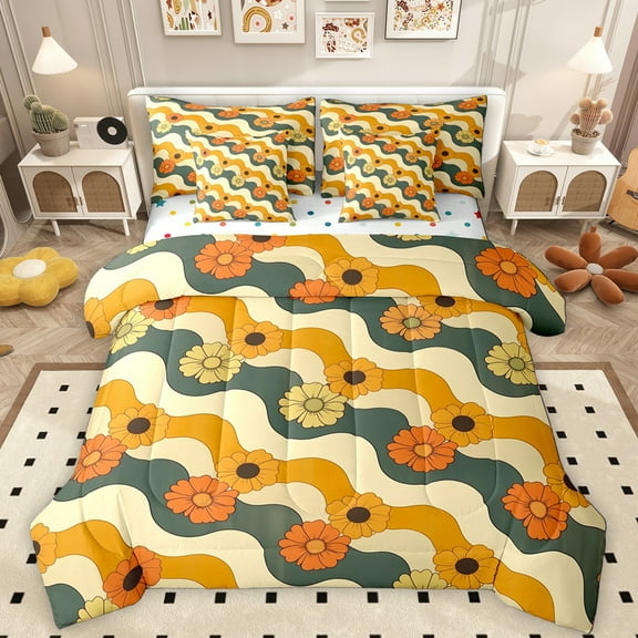 Manfei Colorful Flower Floral 7-Piece Twin Bedding Sets,Cute Cartoon Daisy Bedding Comforter Set,Geometric Waves Stripe Sheet Sets For Kids,Super Cozy Room Decor Reversible