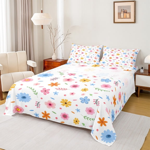 Manfei Colorful Flower Floral Bed Sheets,Cute Cartoon Daisy King Sheets,Orange White Blue Sheet Set For Kids,Super Cozy Room Decor,4 Pieces