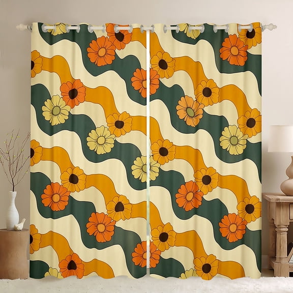 Manfei Colorful Flower Floral Black Out Curtains,Cute Cartoon Daisy Curtains Pack of 2 (42x63 Each),Geometric Waves Stripe Bedroom Curtains For Kids,Super Cozy Room Decor