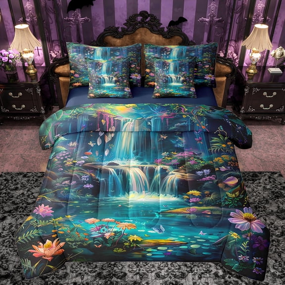 Manfei Colorful Flower Lotus 7 Pieces Bedding Comforter Set,Multicolor Natural Scenery Full Bedding Set,Waterfall Landscape Fitted Sheet Flat Sheet For Girls Kids,Breathable Home Decor Reversible