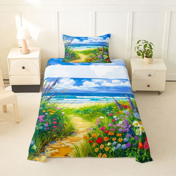 Manfei Colorful Flower Twin Sheets,Clear Sky Bedding,3pcs,1 Fitted Sheet and 1 Pillowcase