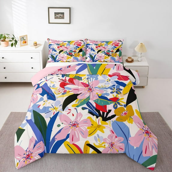 Manfei Colorful Flowers 2pcs Bedding Comforter Set for Teens Boys Girls,Botanical Plants Twin Comforter Sets,Spring Graden Breathable Bedding Set,Lightweight Room Decor,Reversible
