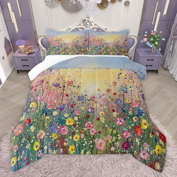 Manfei Colorful Flowers 2pcs Bedding Comforter Set for Teens Girls,Watercolor Floral Blossoms Twin Comforter Sets,Spring Graden Breathable Bedding Set,Breathable Home Decor
