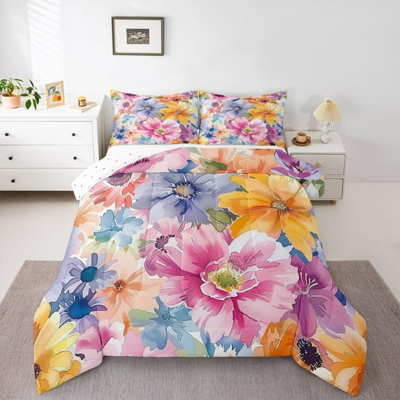 Manfei Colorful Flowers 3 Pieces Queen Comforter Set for Female Men,Spring Garden Ultra Soft Bedding Sets,Exotic Style Bedding Comforter Set Breathable,Lightweight Room Decor,Reversible