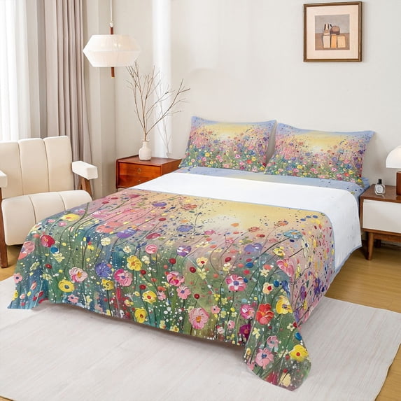 Manfei Colorful Flowers 3pcs Twin Sheet Sets for Teens Girls,Watercolor Floral Blossoms Twin Fitted Sheet,Spring Graden Breathable Flat Sheet,Breathable Home Decor