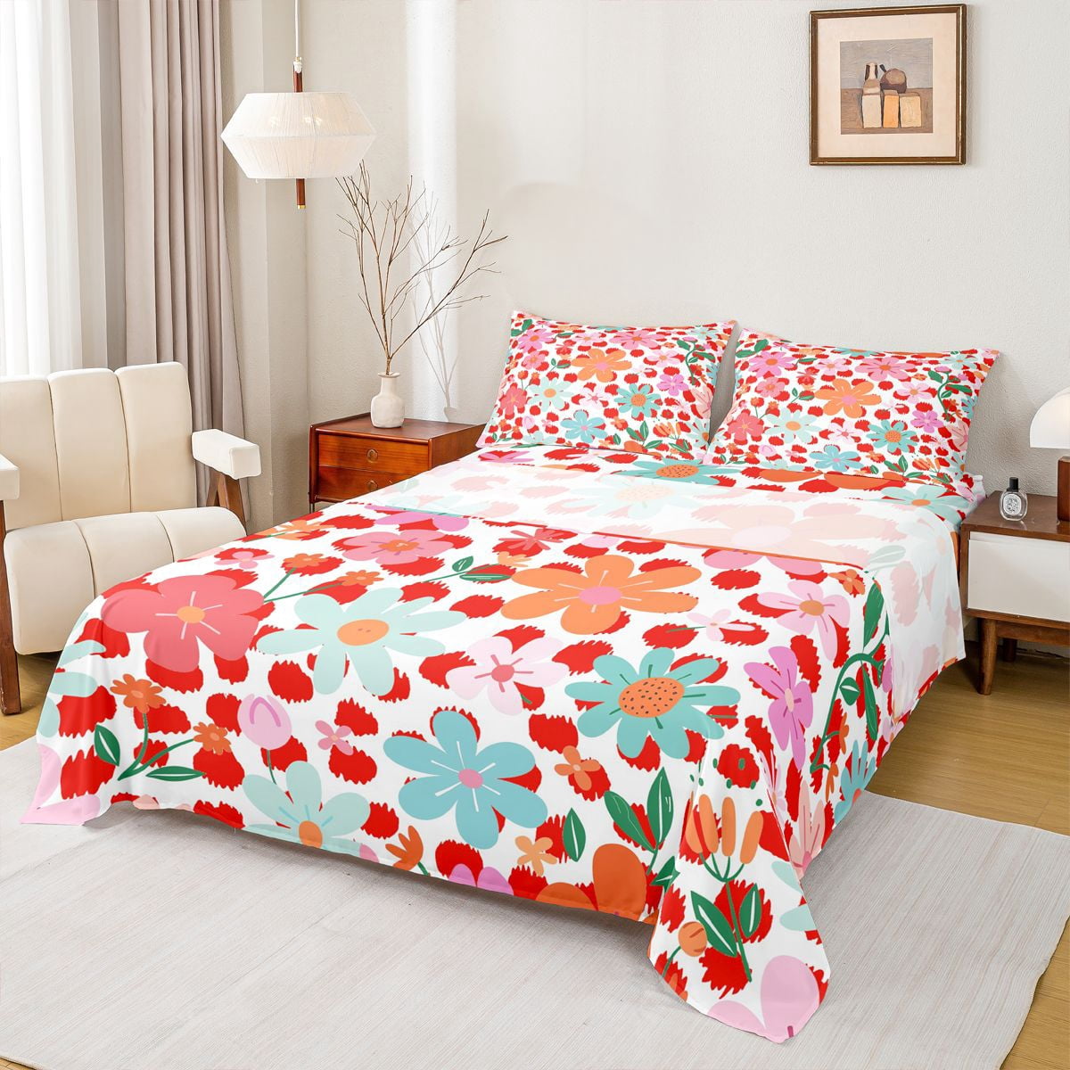 Manfei Colorful Flowers 4pcs Bed Sheets for Teens Adults,Red Polka Dots