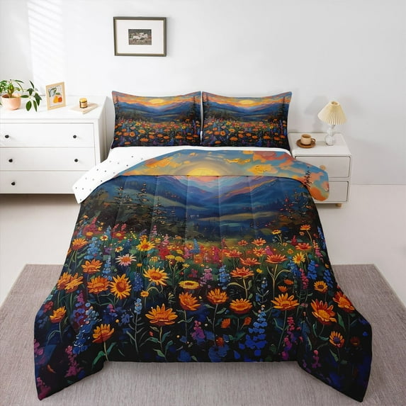 Manfei Colorful Flowers Bedding Comforter Set 2pcs for Boys Girls,Chic Floral Blossoms Twin Comforter Sets Microfiber,Spring Garden Breathable Bedding Set,Super Cozy Room Decor,Reversible