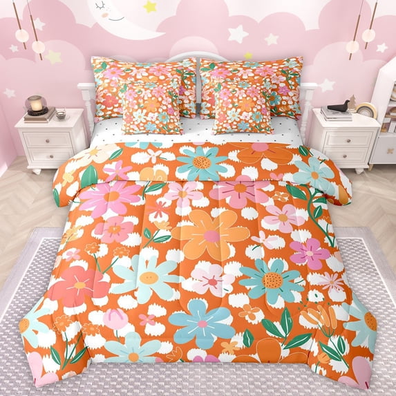 Manfei Colorful Flowers Bedding Comforter Set 7-Piece for Teens Adults,Orange Polka Dots King Bedding Sets,Chic Floral Blossoms Ultra Soft Bed Sheets,Lightweight Room Decor,Reversible