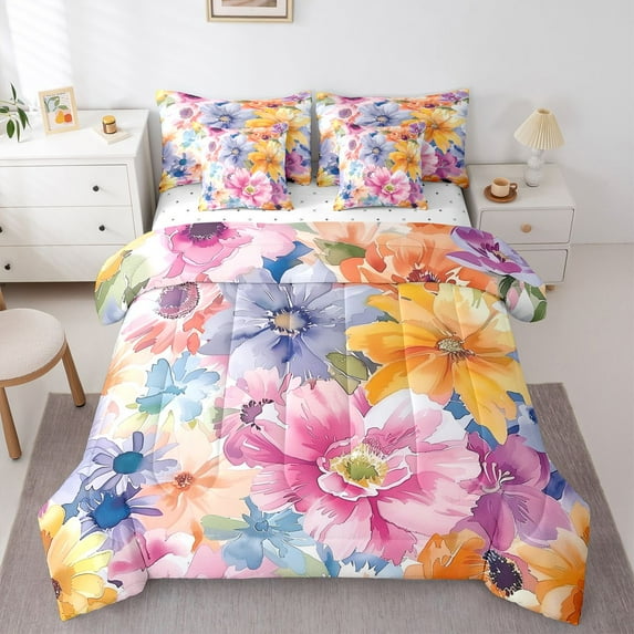 Manfei Colorful Flowers Bedding Comforter Set 7 Pieces for Female Men,Spring Garden Full Bedding Set Lightweight,Exotic Style Fitted Sheet Flat Sheet,Lightweight Room Decor,Reversible