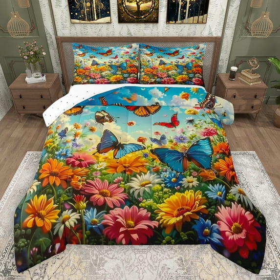 Manfei Colorful Flowers Bedding Comforter Set,Cute Butterflies Twin Comforter Sets,Cute Daisy Floral Bedding Set For Girls Kids,Ultra Soft Home Decor Reversible,2pcs