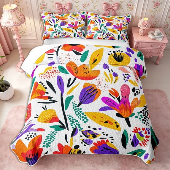Manfei Colorful Flowers Quilt Full 3-Piece,Watercolor Floral Leaves Full Bedspread Sets,1 Coverlet and 2 Pillowcases