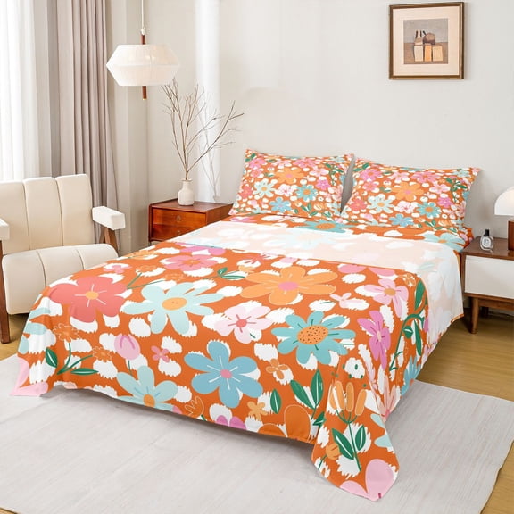 Manfei Colorful Flowers Twin Sheet Sets 3pcs for Teens Adults,Orange Polka Dots Twin Fitted Sheet Microfiber,Chic Floral Blossoms Breathable Flat Sheet,Lightweight Room Decor