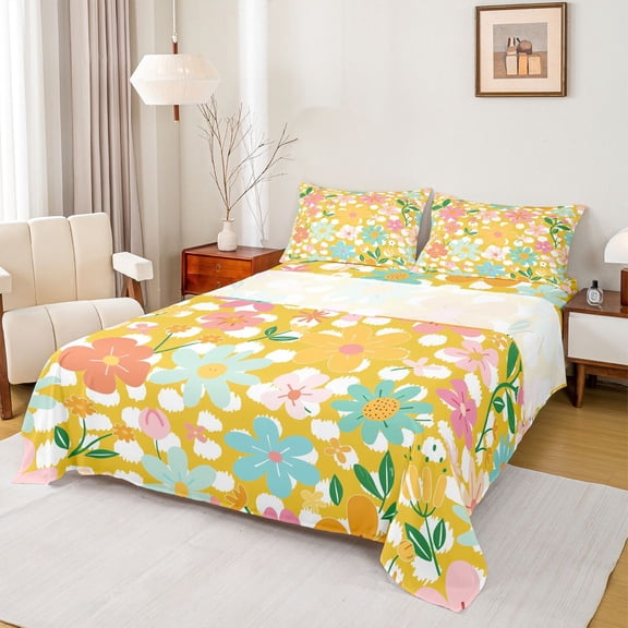 Manfei Colorful Flowers Twin Sheet Sets 3pcs for Teens Adults,Yellow Polka Dots Twin Fitted Sheet Microfiber,Chic Floral Blossoms Breathable Flat Sheet,Lightweight Room Decor