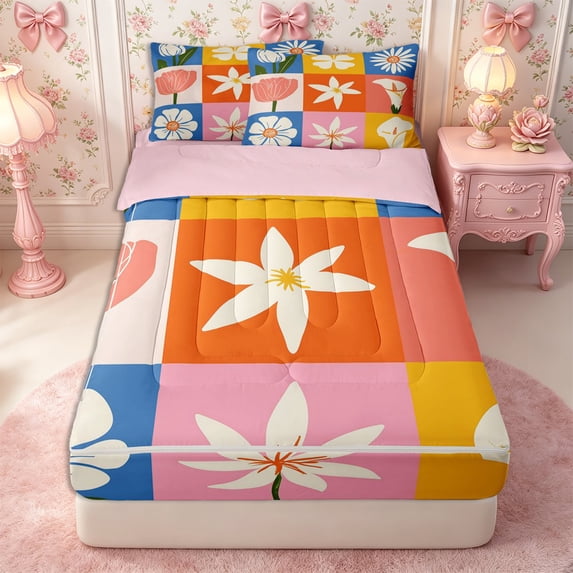 Manfei Colorful Flowers Zipper Twin Comforter Sets with Fitted Sheet and 2 Pillowcases,Abstract Vintage Floral Plaid Zipper Bedding Set,Reversible