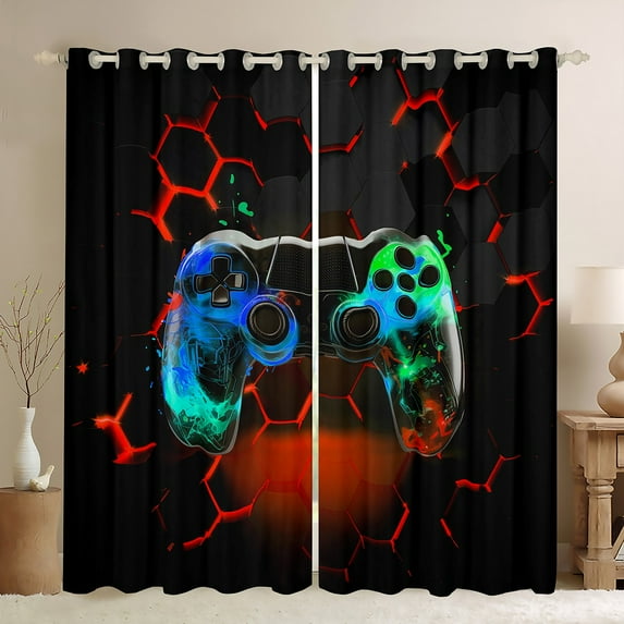 Manfei Colorful Game Console Curtains Pack of 2 (42x84 Each),Gamepad Gamer Curtains Blackout,Red Hexagon Pattern Bedroom Curtains For Kids,Super Cozy Room Decor