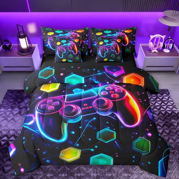 Manfei Colorful Gamepad 7 Pieces Bedding Comforter Set,Game Console Full Bedding Set,Multicolor Geometric Hexagon Fitted Sheet Flat Sheet For Men Women,Breathable Home Decor Reversible