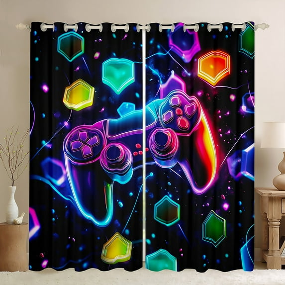 Manfei Colorful Gamepad Black Out Curtains,Game Console Curtains Pack of 2 (42x63 Each),Multicolor Geometric Hexagon Bedroom Curtains For Men Women,Breathable Home Decor