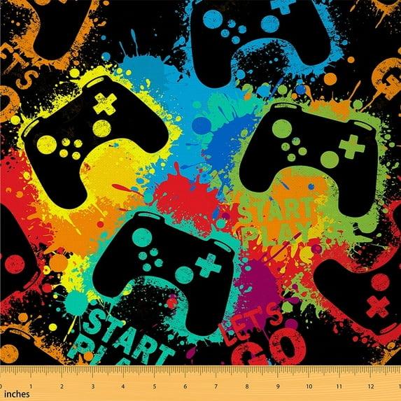 Manfei Colorful Gamepad Fabric by the Yard (1 Yard) for Boys, Teens Gamer Decorative Fabric by the Yard, Watercolor Splatters DIY Fabric