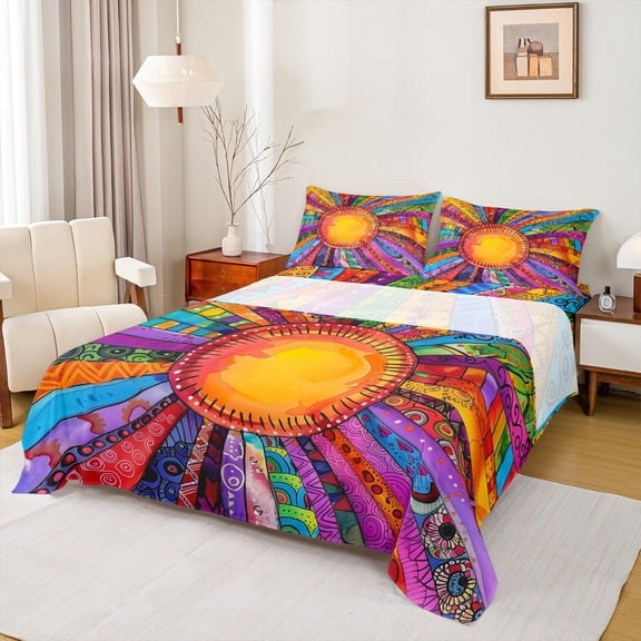 Manfei Colorful Geometric Stripe Twin Sheet Sets,Vintage bohemian Line Twin Fitted Sheet,Boho Exotic Style Flat Sheet For Men Women,Ultra Soft Home Decor,3-Piece