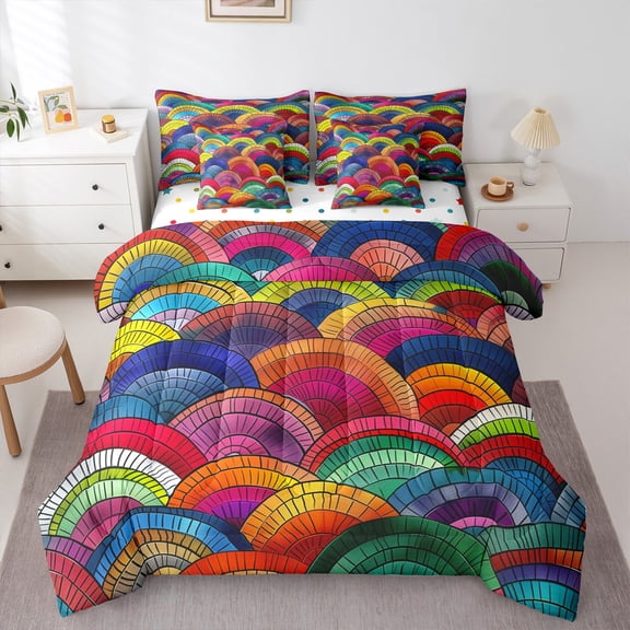 Manfei Colorful Geometric 7pcs Bedding Comforter Set,Boho Style Fishscale Queen Bedding Sets,Rainbow Abstract Geometric Queen Sheet Sets For Girl Teens,Super Cozy Room Decor Reversible