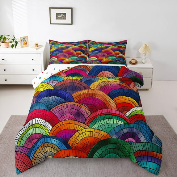 Manfei Colorful Geometric Bedding Comforter Set,Boho Style Fishscale Twin Comforter Sets,Rainbow Abstract Geometric Bedding Set For Girl Teens,Super Cozy Room Decor Reversible,2pcs
