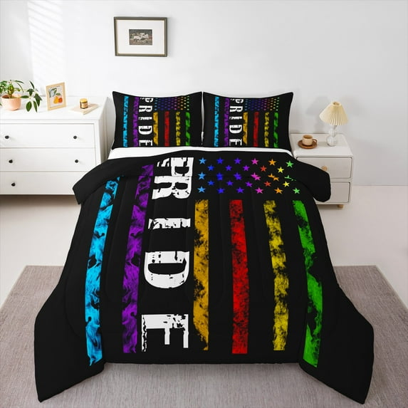 Manfei Colorful Geometric Lines King Size Comforter Sets,Retro American Flag Bedding Comforter Set,Cute Stars Pattern Bedding Set For Teens,Microfiber Bedroom Decor Reversible,3 Pieces