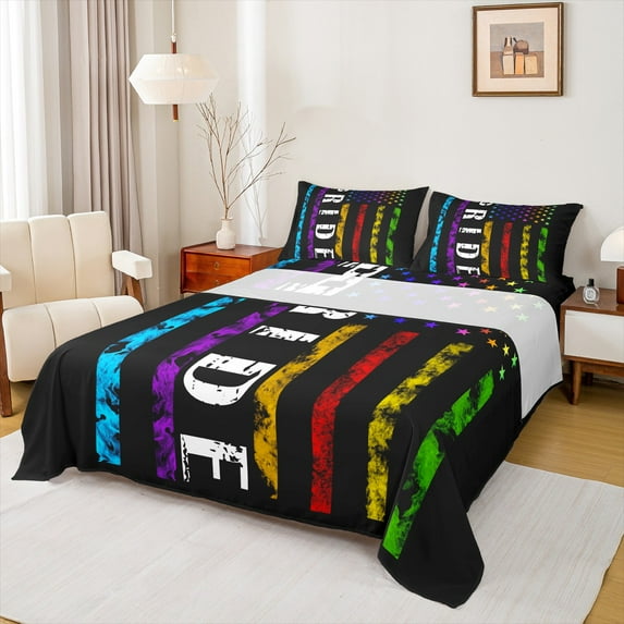 Manfei Colorful Geometric Lines Queen Sets,Retro American Flag Flat Sheets,Cute Stars Pattern Fitted Sheet For Teens,Microfiber Bedroom Decor,4-Piece