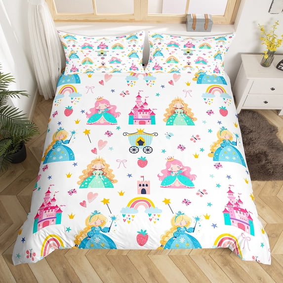 Manfei Colorful Girly Princess Duvet Cover Twin,Pink Castle Cute Bowknot Bedding Sets Twin Size,Rainbow Stars Print Bed Set For Girls,Breathable Home Decor Reversible(No Comforter),2 Pieces