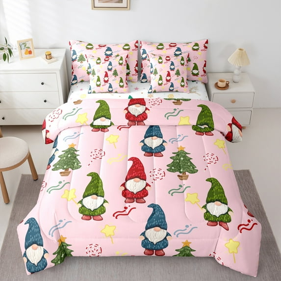 Manfei Colorful Gnome 7pcs Bedding Comforter Set,Candy Cane Stars Queen Bedding Sets,Merry Christmas Queen Sheet Sets For Child,Microfiber Bedroom Decor Reversible