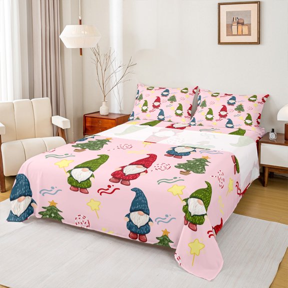 Manfei Colorful Gnome Bed Sheets,Candy Cane Stars King Sheets,Merry Christmas Sheet Set For Child,Microfiber Bedroom Decor,4pcs