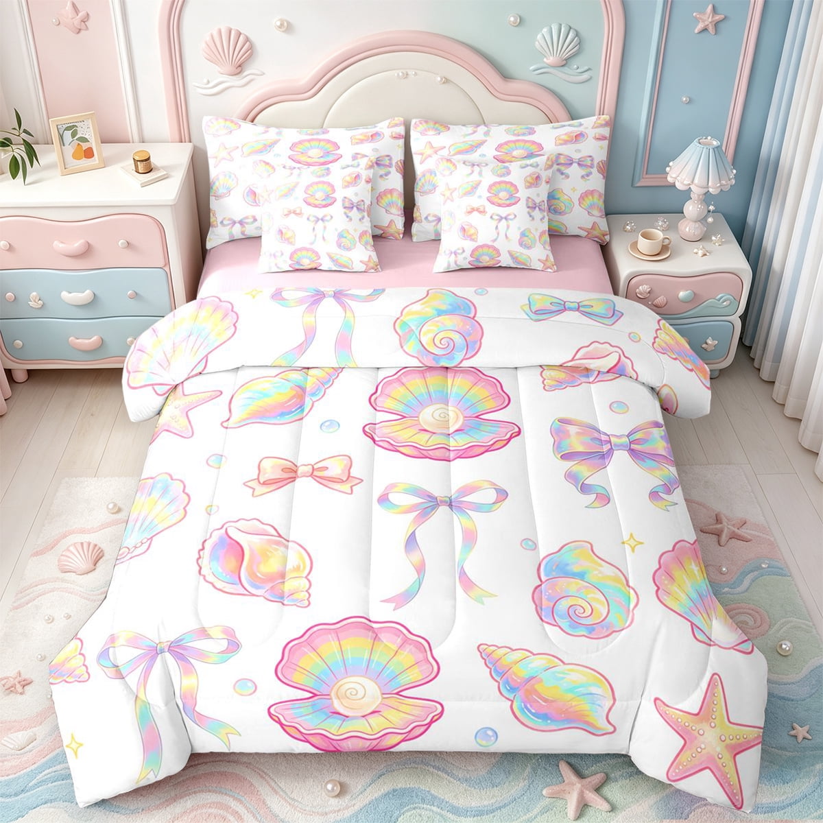 Manfei Colorful Gradient Bow 7-Piece Twin Bedding,Rainbow Conch Stars Bedding Comforter Set,Pink Reversible