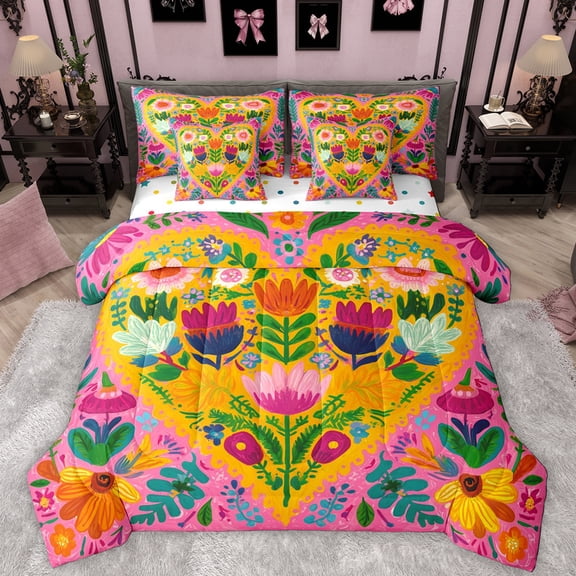Manfei Colorful Graffiti Flower 7-Piece Bedding Comforter Set,Oil Painting Artwork King Bedding Sets,Pink Green Orange Bed Sheets For Girls Kids,Microfiber Bedroom Decor Reversible