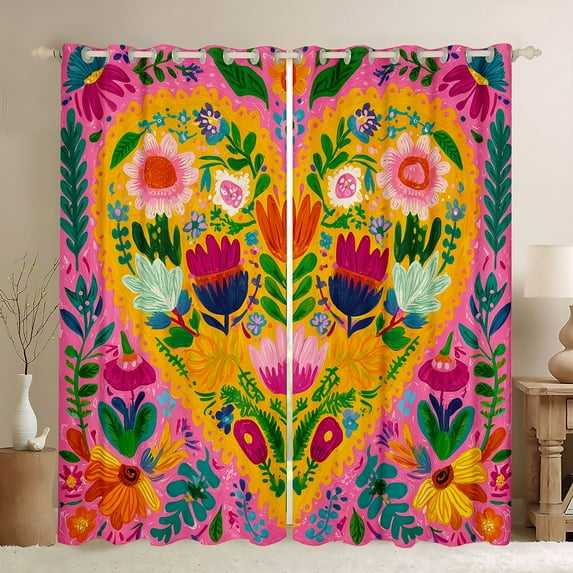 Manfei Colorful Graffiti Flower Black Out Curtains,Oil Painting Artwork Curtains Pack of 2 (42x63 Each),Pink Green Orange Bedroom Curtains For Girls Kids,Microfiber Bedroom Decor