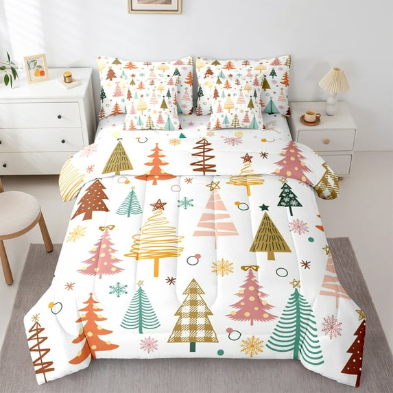 Manfei Colorful Graffiti Xmas Tree 7-Piece Twin Bedding Sets,Rainbow Snowflake Bedding Comforter Set,Merry Xmas Sheet Sets For Kids,Breathable Home Decor Reversible