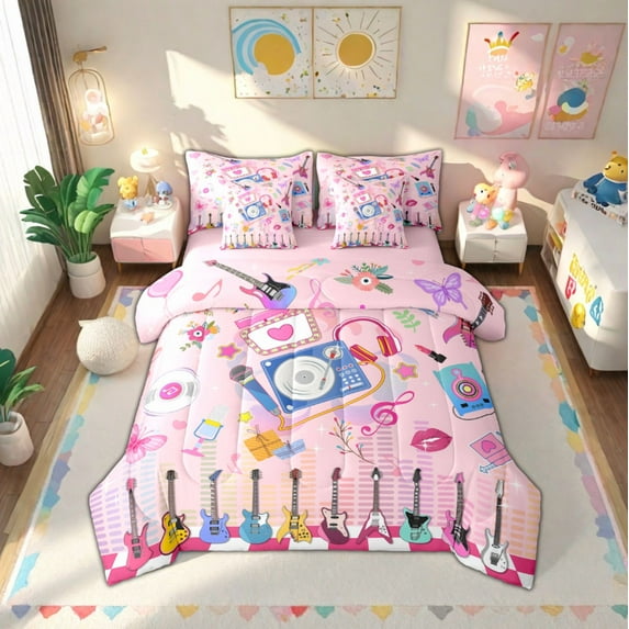 Manfei Colorful Guitar 7-Piece Twin Bedding Sets,Music Instruments Bedding Comforter Set,Chic Flower Butterfly Sheet Sets For Girls,Microfiber Bedroom Decor Reversible