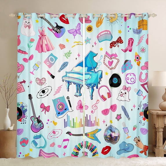 Manfei Colorful Guitar Blackout Curtains Set of 2 (52x84 Each),Music Instruments Piano Window Curtains,Pink Music Notes Curtains and Drapes For Girls,Microfiber Bedroom Decor